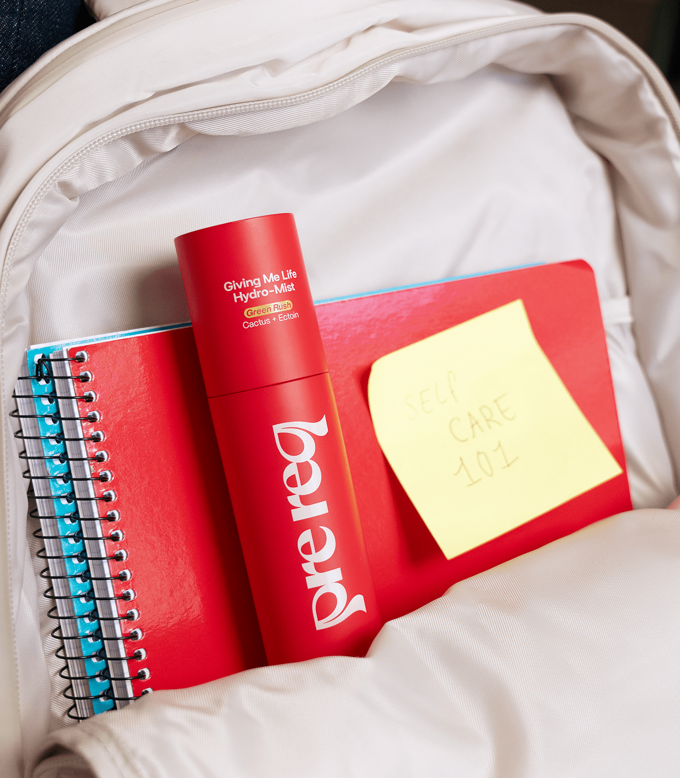 Portable teen hydrating mist in a school backpack for on-the-go skincare
